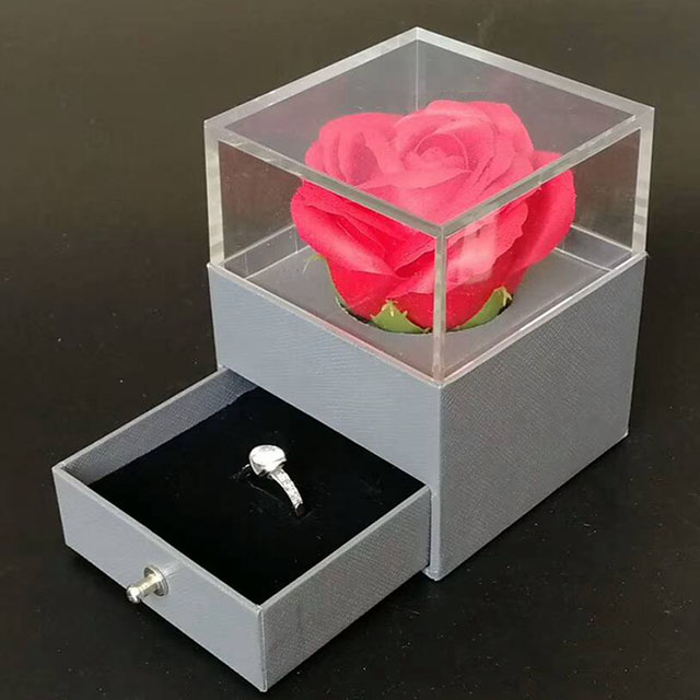 ZTB-008 transparent acrylic valentines gifts ring box with rose flower  and drawer