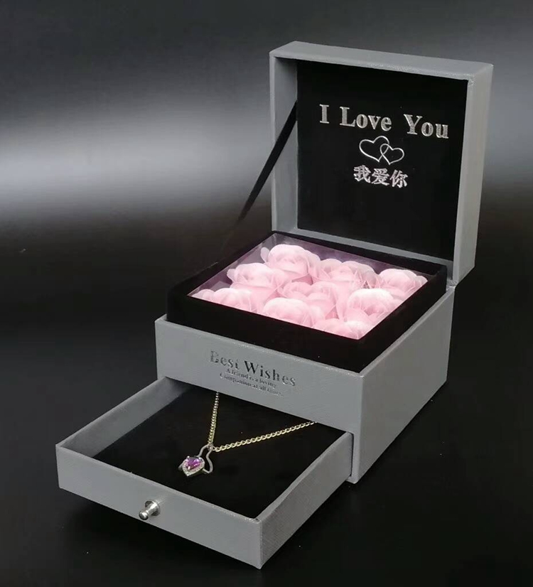 ZTB-010 Valentine’s Day gift double layer plastic pendant box with flower and drawer