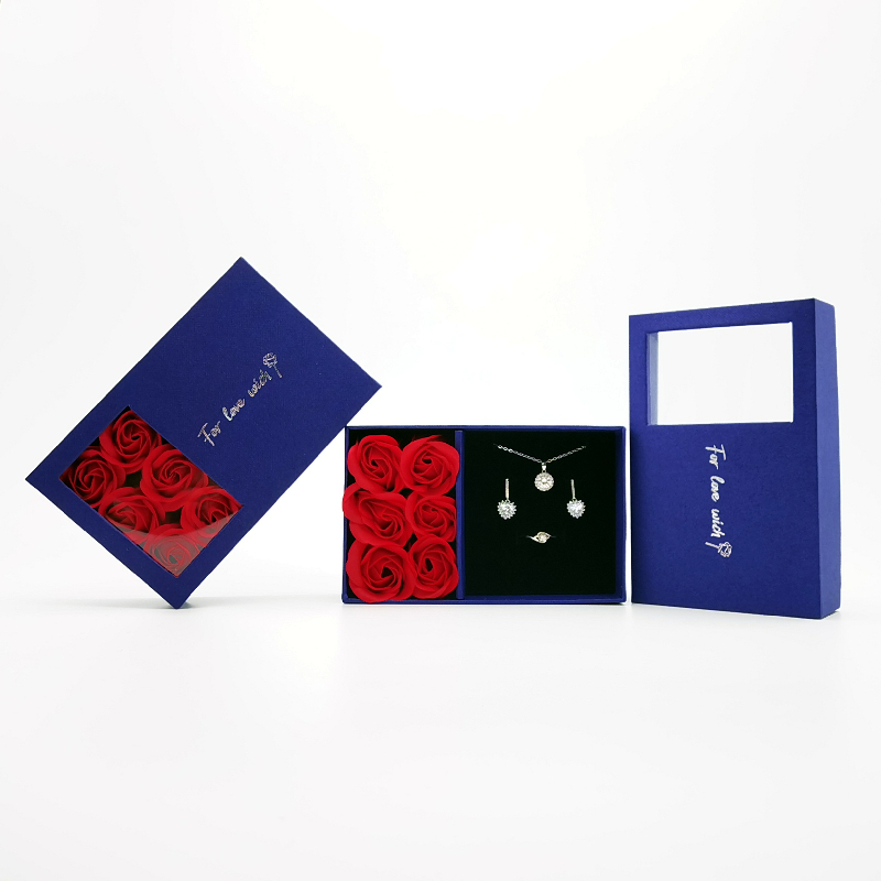 ZTB-132 blue color cardboard jewelry set storage box with rose flower for engagement ring pendant